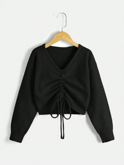 SHEIN Teen Girls' Long Sleeve V-Neck Drawstring Sweater