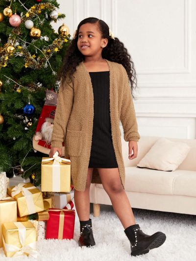 SHEIN Kids Cooltwn Tween Girl Double Pocket Drop Shoulder Duster Cardigan