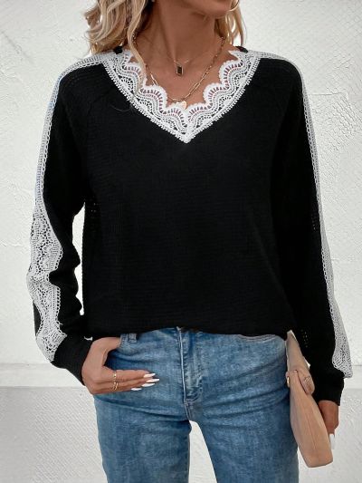 Lace Patchwork V-Neck Long Sleeve Sweatshirt