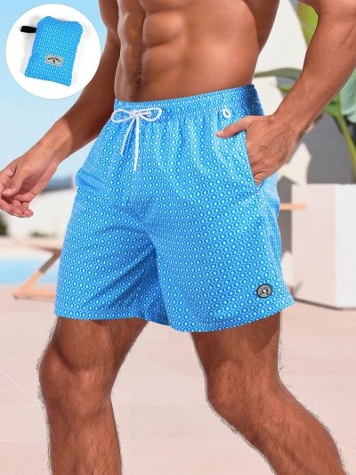 Manfinity Swimmode Men's Solid Color Swim Trunks With Drawstring And Patch