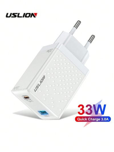 1pc White 33w Type C + 18w Usb A Qc3.0 Gan Square Hole Eu Plug Charger Compatible With Laptop, Xiaomi & Huawei Phones