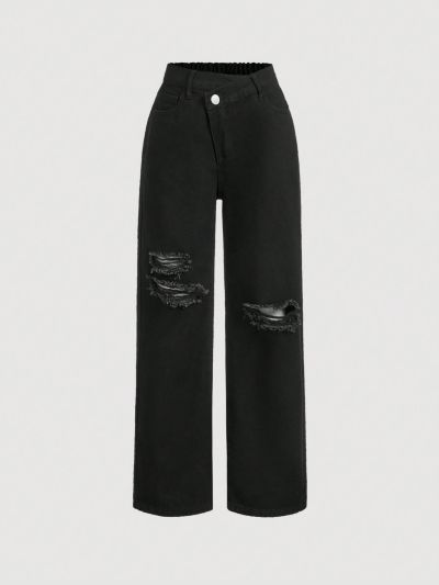 SHEIN Tween Girls' Water Washed Distressed Casual Fashion Stretch Waist Straight Leg Jeans