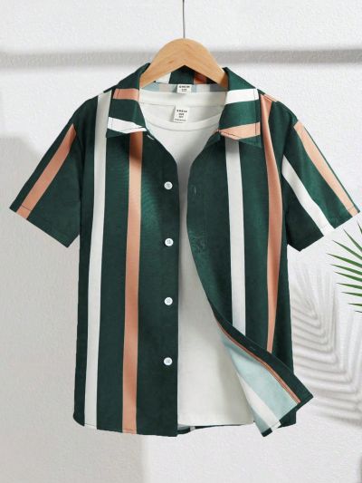 SHEIN Kids EVRYDAY Tween Boys' Loose Fit Casual Woven Short Sleeve Striped Shirt