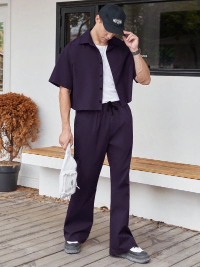 Manfinity Hypemode 2pcs/Set Men's Solid Color Loose Fit Drop Shoulder Shirt And Pants