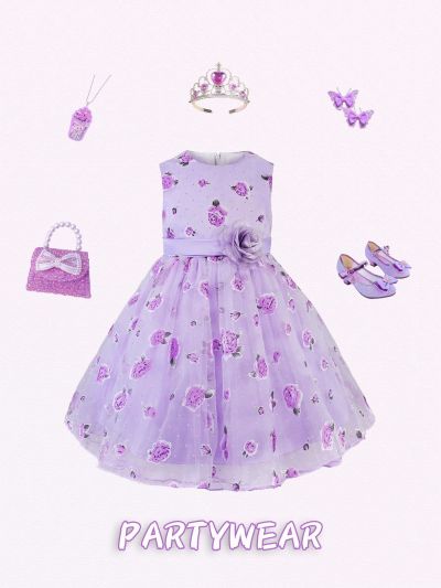 Little Girls' 3d Flower Embellished Party Dress With Floral Pattern