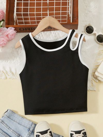 SHEIN Kids Cooltwn Tween Girl'S Hollow Shoulder Contrast Trim Vest Top