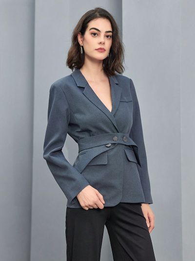 Anewsta Women'S Lapel Collar Tie Waist Blazer Coat