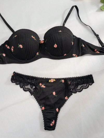Floral Print Lettuce Trim Underwire Lingerie Set