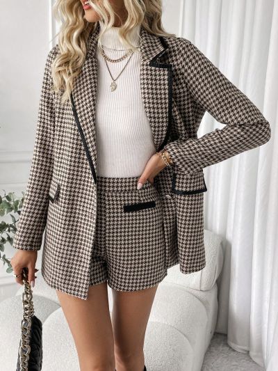 SHEIN Privé Women's Houndstooth Notched Lapel Blazer And Shorts Set