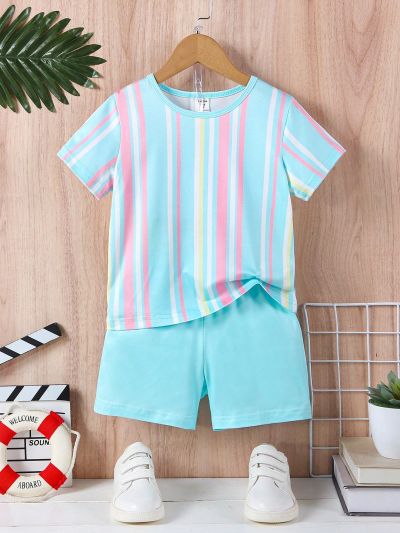 Young Boy Colorful Striped Pattern Round Neck Short Sleeve T-Shirt And Shorts Casual Outfits Perfect For Summer