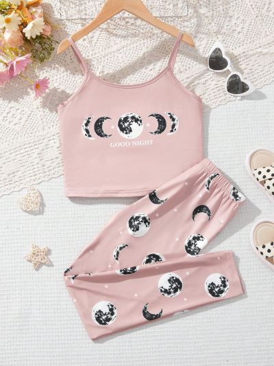 SHEIN Tween Girl Knitted Cami Tank Top And Knitted Skinny Pants Homewear 2pcs/Set