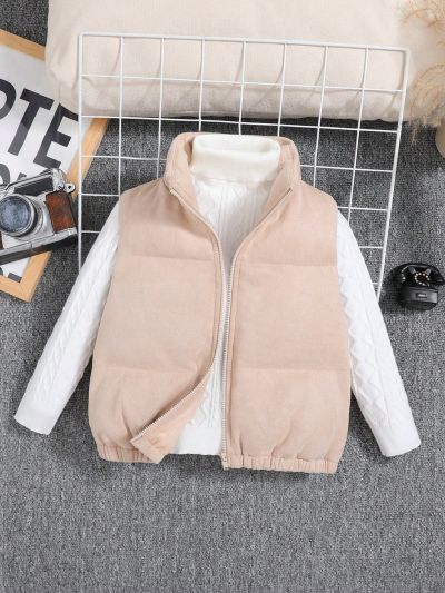 SHEIN Kids EVRYDAY Young Boy Casual And Cute Street Style Loose Fit Solid Color Quilted Vest With Front Zipper And Buckle Detail (no Sweater) For Autumn And Winter