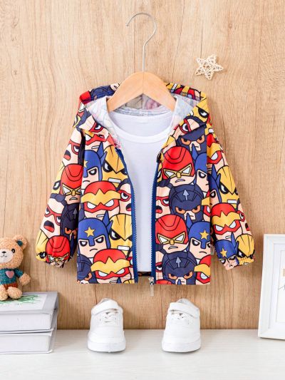 SHEIN Baby Boy Casual Sports Streetwear Cute Cartoon Print Hooded Jacket For Outdoors