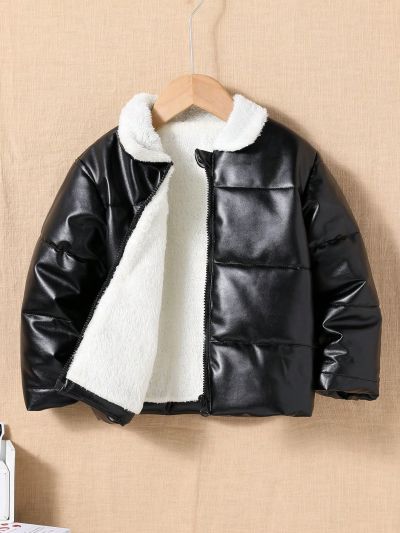 SHEIN Kids HYPEME Young Boy Teddy Lined PU Leather Puffer Coat