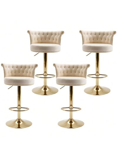 Velvet Bar Stools Set of 4, Modern Swivel Adjustable Counter Height Gold Barstools with Backs, Upholstered Tufted Bar Chairs with Nailheads for Kitchen Island Counter Stools