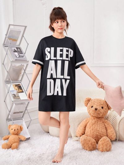 SHEIN Teen Girls' Knitted Solid Color Loose Fit Homewear With Letter Pattern
