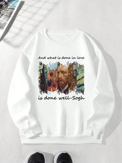 Men'S Plus Size Fleece Sweatshirt With Slogan And Oil Painting Print