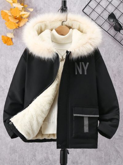 SHEIN Boys' Hooded -padded Coat With Collar And Letter Print