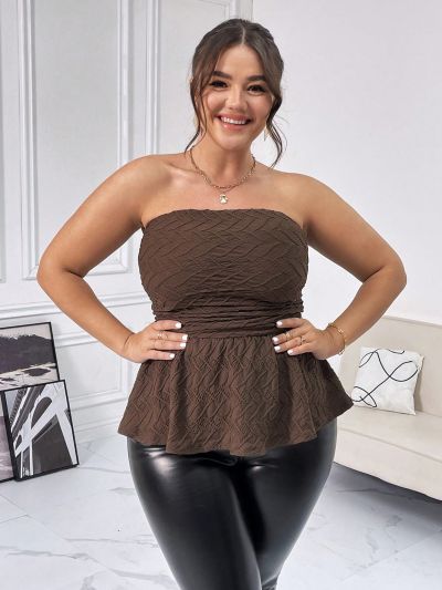 SHEIN Privé Women's Plus Size Solid Color Pleated Halter Top With Ruffle Hem