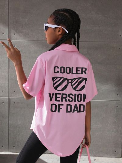 SHEIN Kids Cooltwn Tween Girls' Loose Short Sleeve Casual Shirt With Sunglasses And Letter Print, Curved Hem