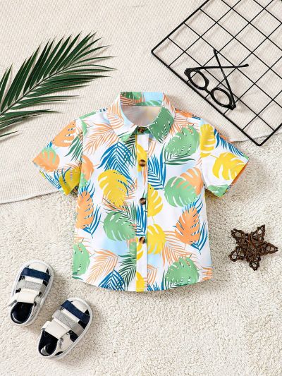 Baby Boys' Tropical Leaf Pattern Printed Casual Short Sleeve Shirt For Summer
