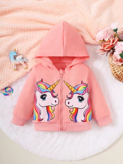 Baby Girls' Rainbow Unicorn Pattern Hooded Jacket With Long Sleeve For Spring And Autumn