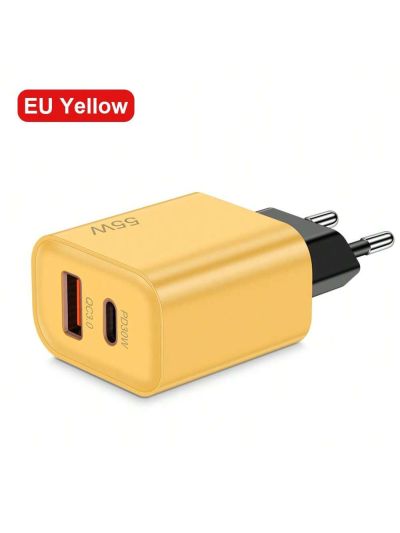 1pc 55w Yellow Eu Plug Usb-c Charger With Pd Fast Charging And Qc 3.0 Power Adapter Suitable For Iphone, Xiaomi, And Type-c Devices
