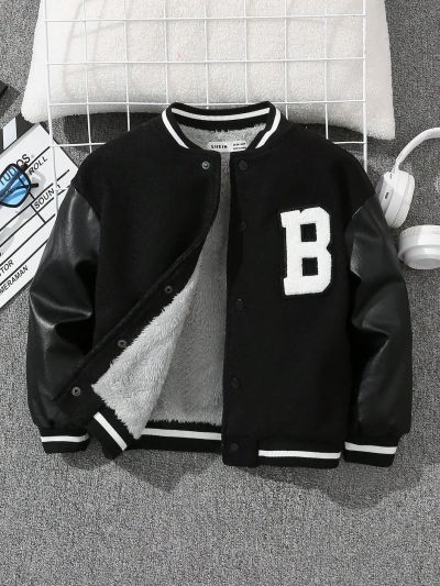 SHEIN Young Boy Letter Patched Striped Trim Teddy Lined Overcoat