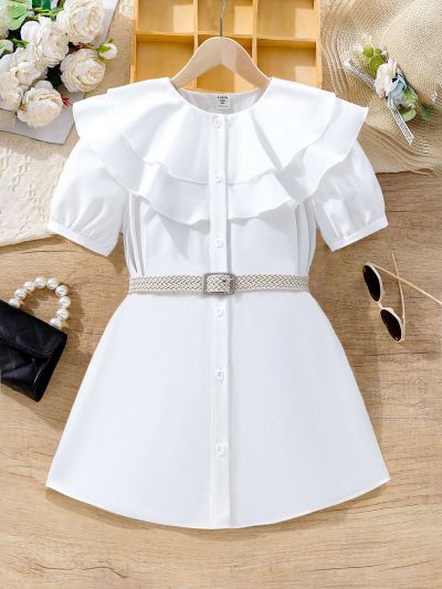 SHEIN Kids Cooltwn Tween Girls' Layered Frill Trim And Braided Belt Detail Shirt