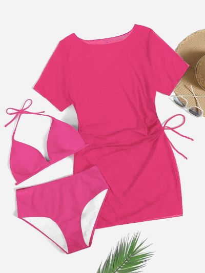 3pack Plus Solid Halter Triangle Bikini Swimsuit & Cover Up