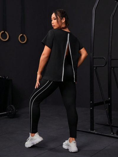 SHEIN Yoga Basic Plus Size Women's Contrast Color Woven Belt Short Sleeve Outfit/Set