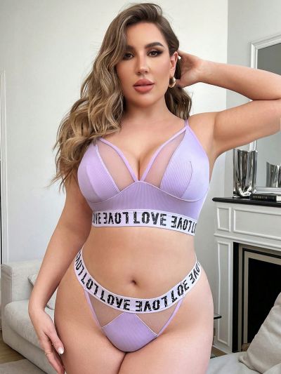 2pcs/Set Plus Size Stylish Jacquard & Mesh Panel Lingerie Set (Valentine'S Day Edition)