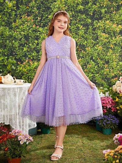 SHEIN Kids FANZEY Tween Girls' Sleeveless Mesh Dress With Sweetheart Neckline, Front Ruffle And Heart Pattern