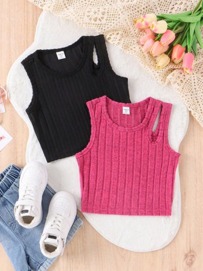 SHEIN Kids HYPEME 2pcs Girls' Solid Rib Knit Tank Top