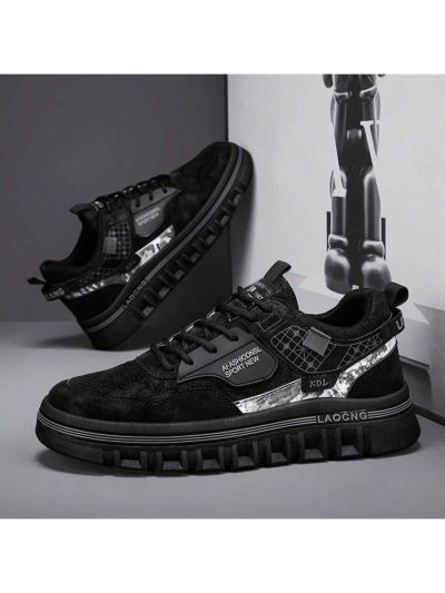 Black Motorcycle Style Sports Shoes With Pu Leather Surface, Thick Soles, Vintage Business Casual Men's Shoes