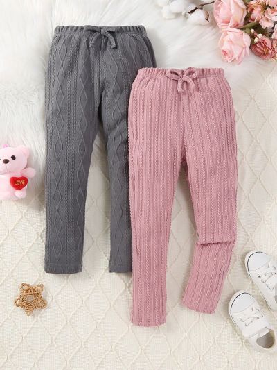 SHEIN Kids QTFun Toddler Girls' Solid Color Straight Pants With Jacquard Design, 2pcs/Set, Spring/Autumn