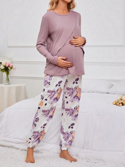 Maternity Contrast Color Round Neck Top And Flower Pattern Pants Pajama Set