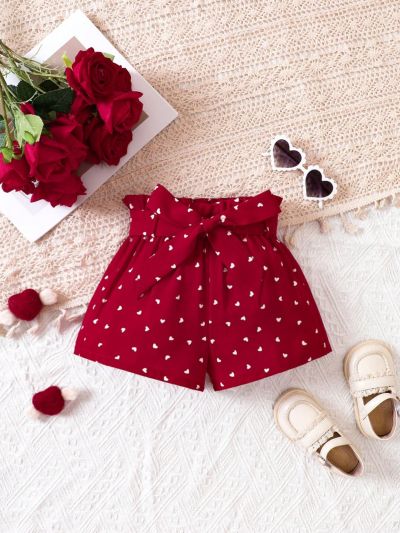 SHEIN Kids FANZEY Young Girl Heart Print Paperbag Waist Belted Shorts