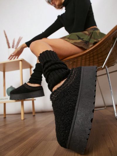 Women'S Black Thick Bottom Warm Loafers