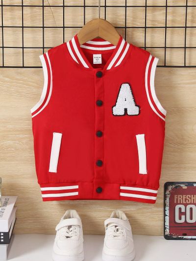SHEIN Kids HYPEME Toddler Boys' Towel Embroidery Patch Stand Collar Vest Jacket With Clasp