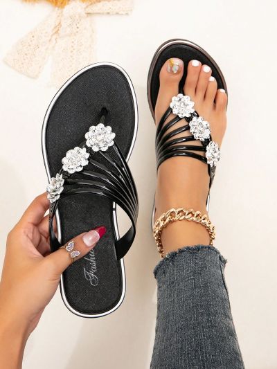 Rhinestone Flat Toe Post Fashion Slippers, Metallic Flower Decor Flip Flops