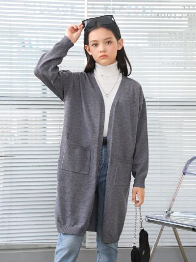 SHEIN Kids KDOMO Girls' Loose Fit Long Sleeve Cardigan With Open Front & Large Pockets, College Style