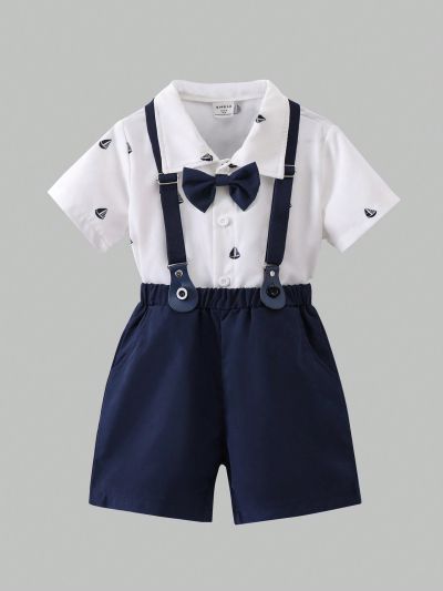 SHEIN Kids FANZEY Little Boys' Sailboat Printed Short Sleeve Shirt And Suspender Shorts Gentleman Outfit