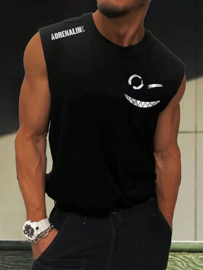 Men's Sleeveless Tank Top With Letter And Smile Face Print