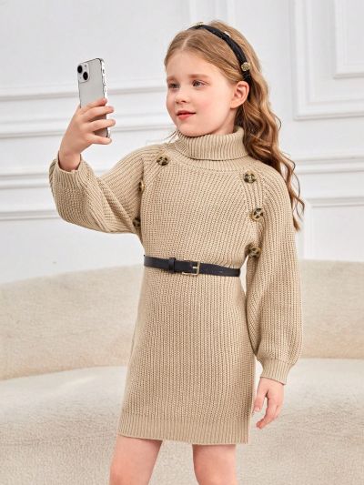 SHEIN Kids Y2Kool Young Girl Turtleneck Button Detail Raglan Sleeve Ribbed Knit Sweater Dress Without Belt