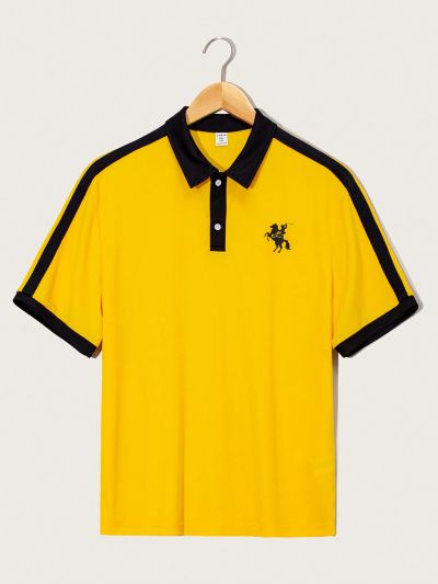 SHEIN Teenage Boys' Casual Color Block & Printed Short Sleeve Polo Shirt, Summer