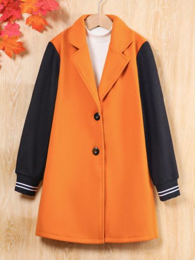 SHEIN Kids Nujoom Girls' Color-Block Woolen Overcoat With Turn-Down Collar