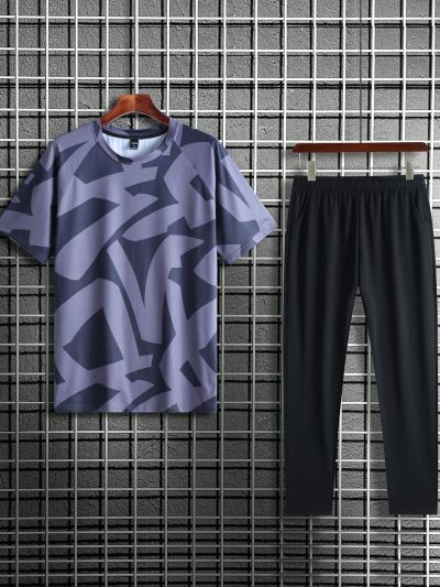 Running Men'S Geometric Pattern Raglan Sleeve T-Shirt And Long Pants Sports Suit