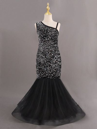 Tween Girls' Elegant Black Maxi Sleeveless Formal Dress Suitable For Party, Banquet, Birthday And Other Occasions, Autumn