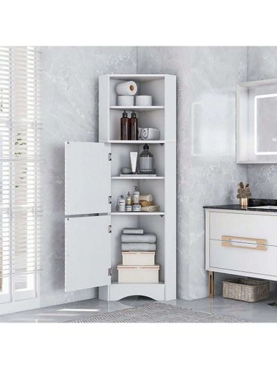 Tall Bathroom Corner Cabinet, Freestanding Storage Cabinet with Doors and Adjustable Shelves, MDF Board, Black